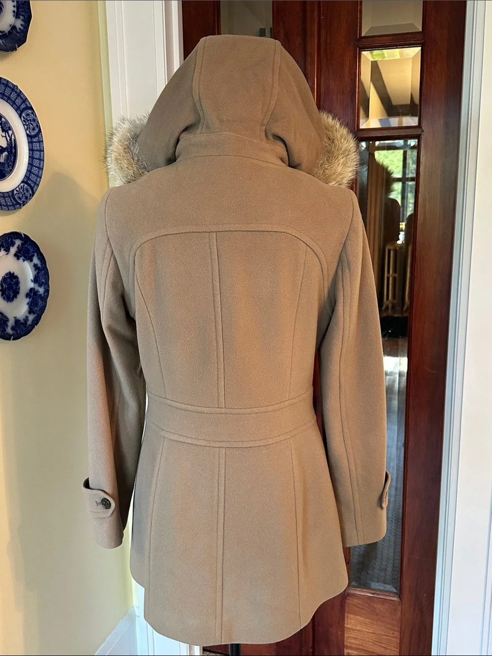 Marc New York | Wool Blend Toggle Duffle Coat Real Fur Hood Tan Camel, Size 6